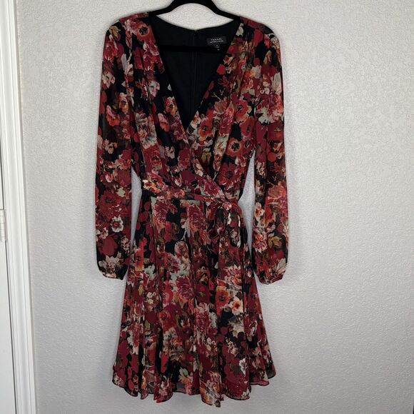 TAHARI ASL Size 18 Floral DRESS MULTICOLOR KNEE Length Sheer Long Sleeve - Picture 3 of 8
